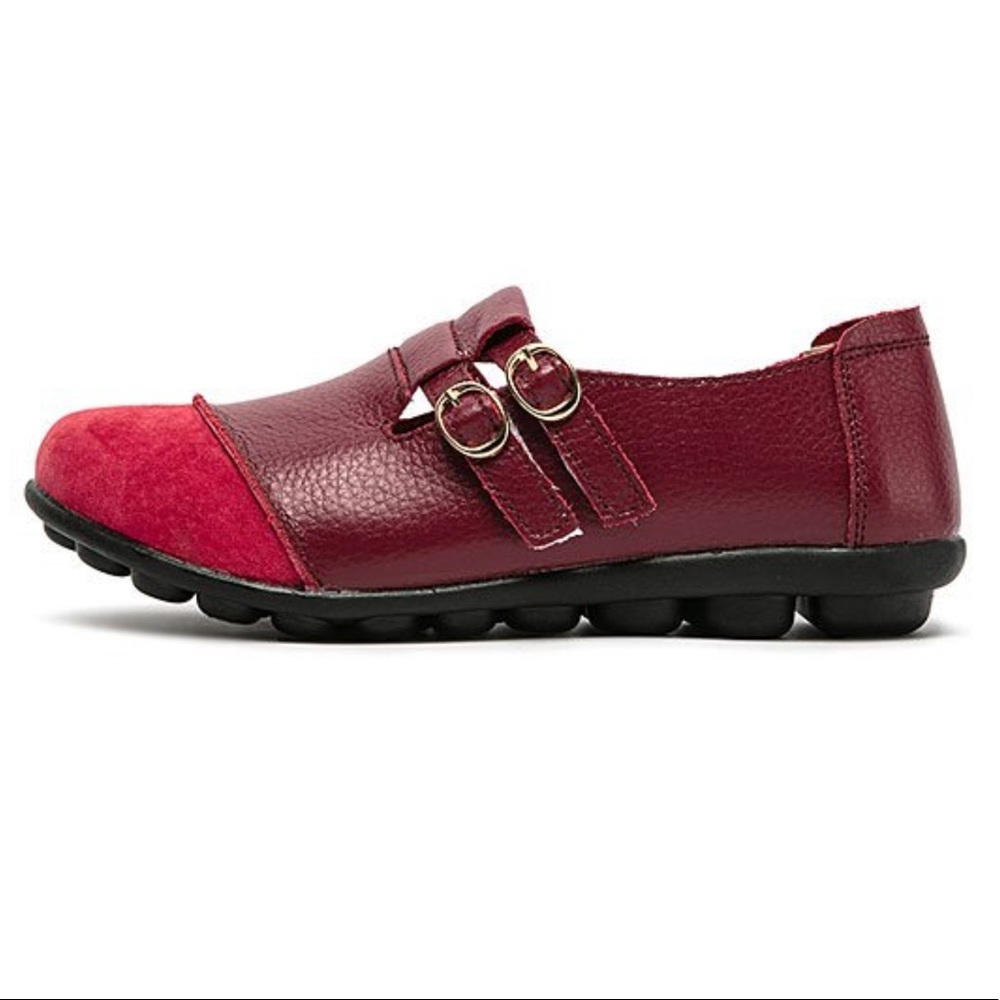 Wine Red Leather Double Buckle Loafer 🌺